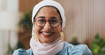 Buy stock photo Muslim woman, glasses and smile with portrait in office with hijab, pride or employee at insurance company. Islamic person, broker and happy for confidence, risk management or job at agency in Kuwait