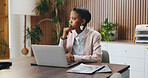 Black woman, laptop and thinking in office for lawsuit research, case preparation and drafting legal report. Business attorney, employee and technology for online court review, planning and email