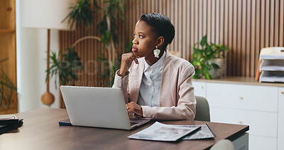 Buy stock photo Black woman, laptop and thinking in office for lawsuit research, case preparation and drafting legal report. Business attorney, employee and technology for online court review, planning and email
