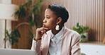 Black woman, laptop and thinking in office for legal research, case preparation and drafting lawsuit report. Business attorney, employee and technology for online court review, planning and email
