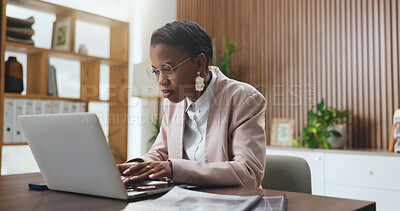 Buy stock photo Black woman, laptop and typing in office for lawsuit research, case preparation and drafting legal report. Business attorney, employee and technology for online court review, planning and email