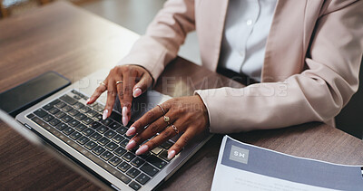 Buy stock photo Office, employee and hands with laptop, online and risk management with financial report on website. Above, auditor and person with tech for revenue review, typing and digital project in business