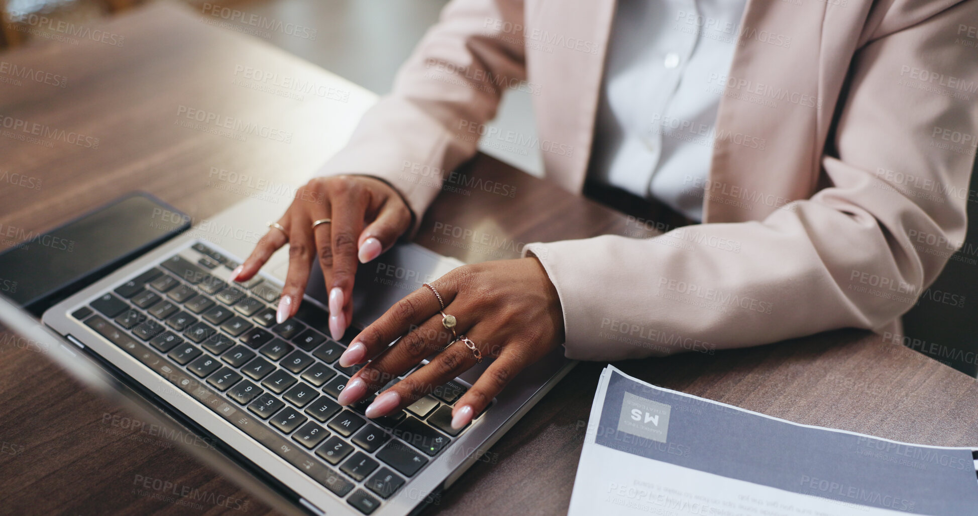 Buy stock photo Office, employee and hands with laptop, online and risk management with financial report on website. Above, auditor and person with tech for revenue review, typing and digital project in business