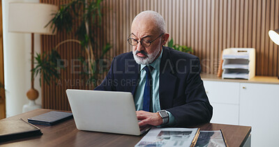 Buy stock photo Laptop, glasses and research with business man in office for budget, account manager and audit. Planning, online trading proposal and investor report with mature person in agency for tax portfolio