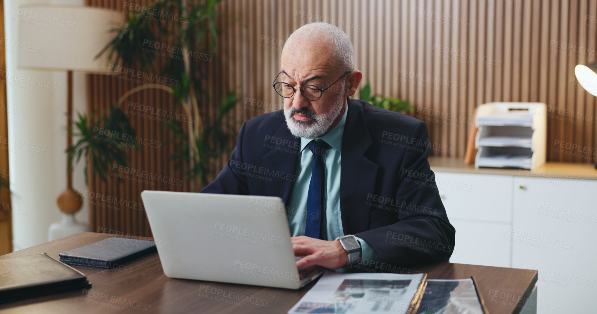 Buy stock photo Laptop, glasses and research with business man in office for budget, account manager and audit. Planning, online trading proposal and investor report with mature person in agency for tax portfolio