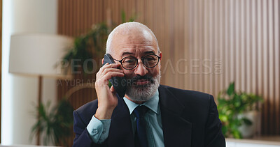 Buy stock photo Phone call, smile and businessman in office with insight, problem solving or funding ideas for budget pitch. Mature, financial consultant or firm with tech for online report, proposal or investment
