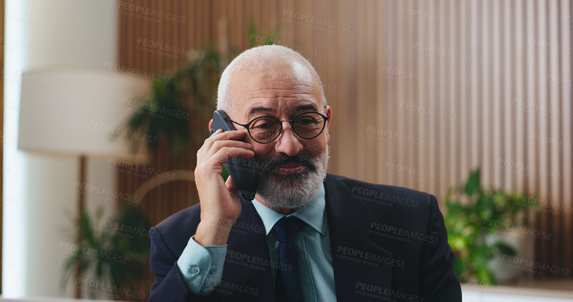 Buy stock photo Phone call, smile and businessman in office with insight, problem solving or funding ideas for budget pitch. Mature, financial consultant or firm with tech for online report, proposal or investment