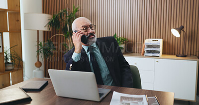 Buy stock photo Laptop, phone call and businessman in office with insight, problem solving or funding ideas for budget pitch. Mature, financial consultant or firm with tech for online report, proposal or investment