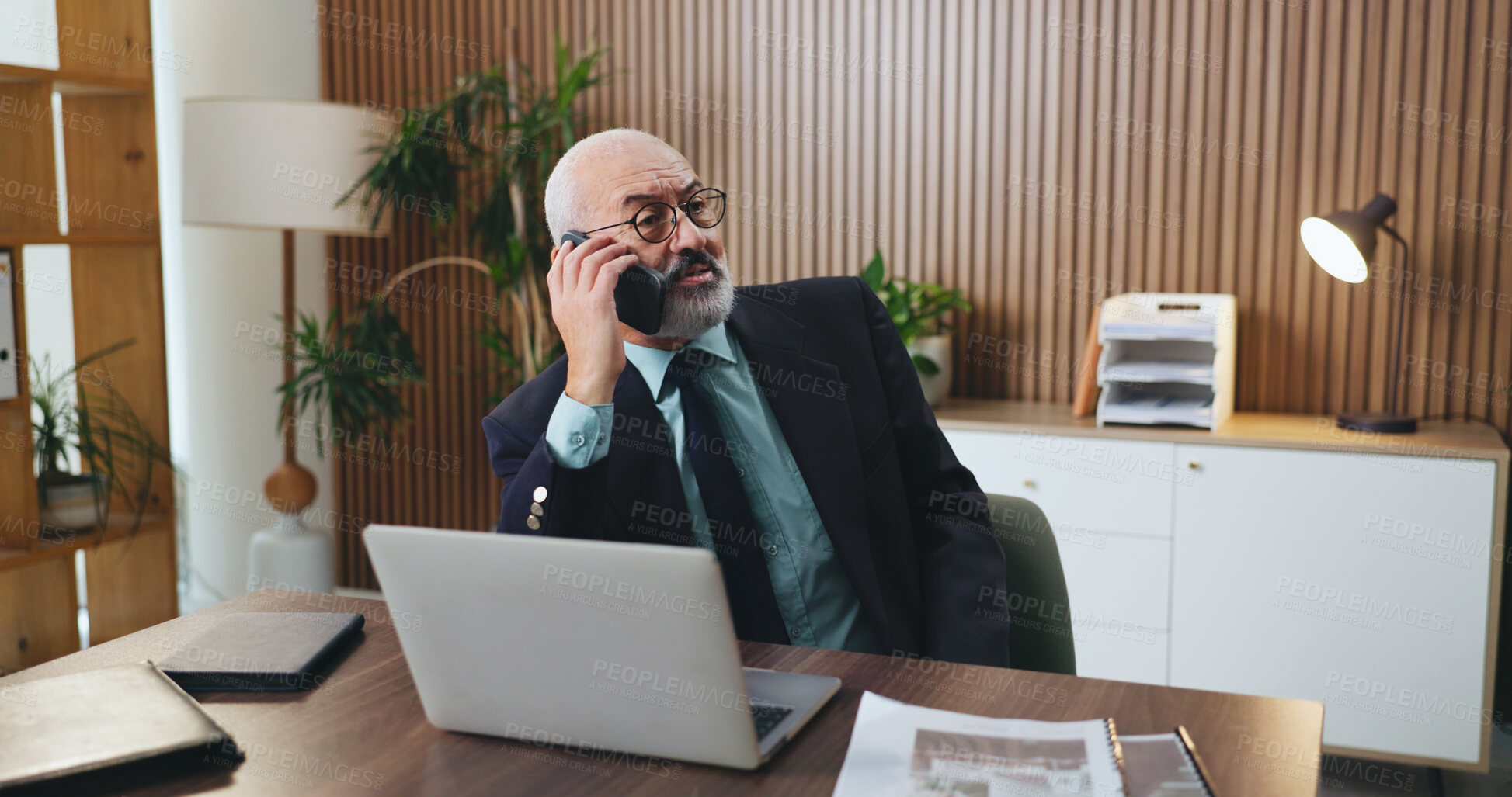 Buy stock photo Laptop, phone call and businessman in office with insight, problem solving or funding ideas for budget pitch. Mature, financial consultant or firm with tech for online report, proposal or investment