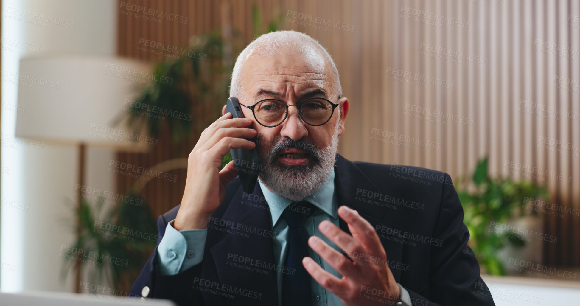 Buy stock photo Discussion, phone call and businessman in office with insight, problem solving or funding ideas for budget pitch. Mature, financial consultant or firm with tech for report, proposal or investment