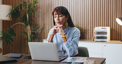 Buy stock photo Laptop, planning and research with business woman in office for budget, account manager and audit. Reading, online trading proposal and investor report with mature person in agency for tax portfolio