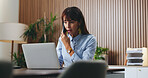 Business woman, laptop and phone call for legal research, case preparation and drafting lawsuit report. Mature attorney, employee and technology for online court review, planning and email in office