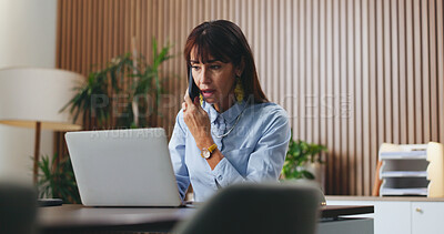 Buy stock photo Business woman, laptop and phone call for legal research, case preparation and drafting lawsuit report. Mature attorney, employee and technology for online court review, planning and email in office