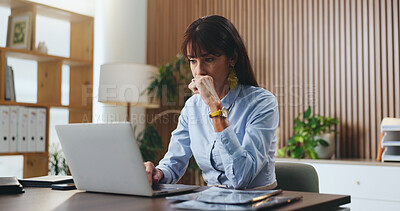 Buy stock photo Business woman, laptop and thinking for legal research, case preparation and drafting lawsuit report. Mature attorney, employee and technology for online court review, planning and email in office