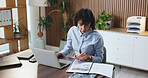 Business woman, laptop and proposal for legal research, case preparation and drafting lawsuit report. Mature attorney, reading and technology for online court review, planning and email in office