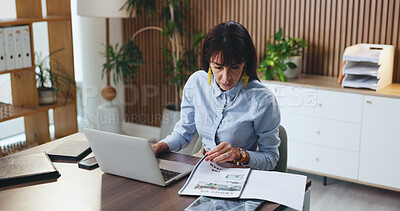Buy stock photo Business woman, laptop and proposal for legal research, case preparation and drafting lawsuit report. Mature attorney, reading and technology for online court review, planning and email in office