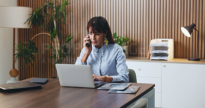 Buy stock photo Business woman, laptop and phone call for lawsuit research, case preparation and drafting legal report. Mature attorney, reading and technology for online court review, planning and email in office