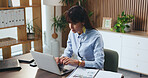 Business woman, laptop and typing for lawsuit research, case preparation and drafting legal report. Mature attorney, communication and technology for online court review, planning and email in office