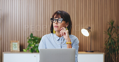 Buy stock photo Office, glasses and mature woman with laptop, thinking and ideas for assignment and risk management. Reflection, auditor and person with technology for revenue review, eyewear and wonder in business