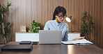 Laptop, documents and research with business woman in office for budget, account manager or audit. Planning, online trading proposal and investor report with mature person in agency for tax portfolio