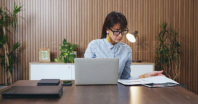 Buy stock photo Laptop, documents and research with business woman in office for budget, account manager or audit. Planning, online trading proposal and investor report with mature person in agency for tax portfolio