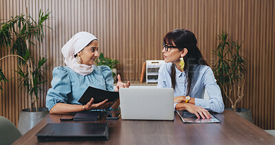 Buy stock photo Woman, laptop and paperwork with team in office meeting for strategy, admin or insight at insurance company. Person, broker and smile with tech on application, feedback or risk management at agency