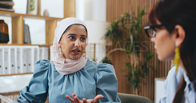 Buy stock photo Meeting, conversation and proposal with business women in office for event planner and client feedback. Online, project management or startup with people in creative agency for deal or discussion