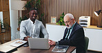 Businessman, laptop and talk with team in office meeting for strategy, mentor or point at insurance company. People, broker and smile with computer for solution, feedback or risk management at agency