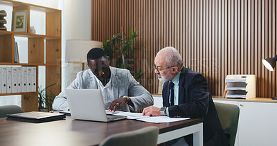 Buy stock photo Men, mentor and documents with laptop at office with planning, review and coach at insurance company. People, broker and advisor with paperwork, admin and feedback for risk management at agency