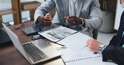 Buy stock photo Business people, meeting and hands with paperwork, discussion or planning for real estate investment. Corporate, realtor and team with documents for property development, talk and project with tech