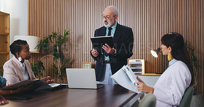 Buy stock photo Businessman, tablet and presentation with team in office meeting for strategy, talk or insight at insurance company. Person, broker and women with tech on app, feedback or risk management at agency