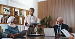 Woman, tablet and speaker with team in office meeting for planning with review, insight or talk at insurance company. Person, broker and group with tech on app, feedback or risk management at agency