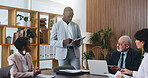 Man, tablet and planning with team in office meeting for strategy with review, insight or talk at insurance company. Person, broker and group with tech on app, feedback or risk management at agency