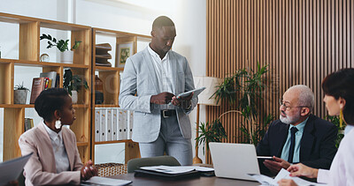 Buy stock photo Man, tablet and planning with team in office meeting for strategy with review, insight or talk at insurance company. Person, broker and group with tech on app, feedback or risk management at agency