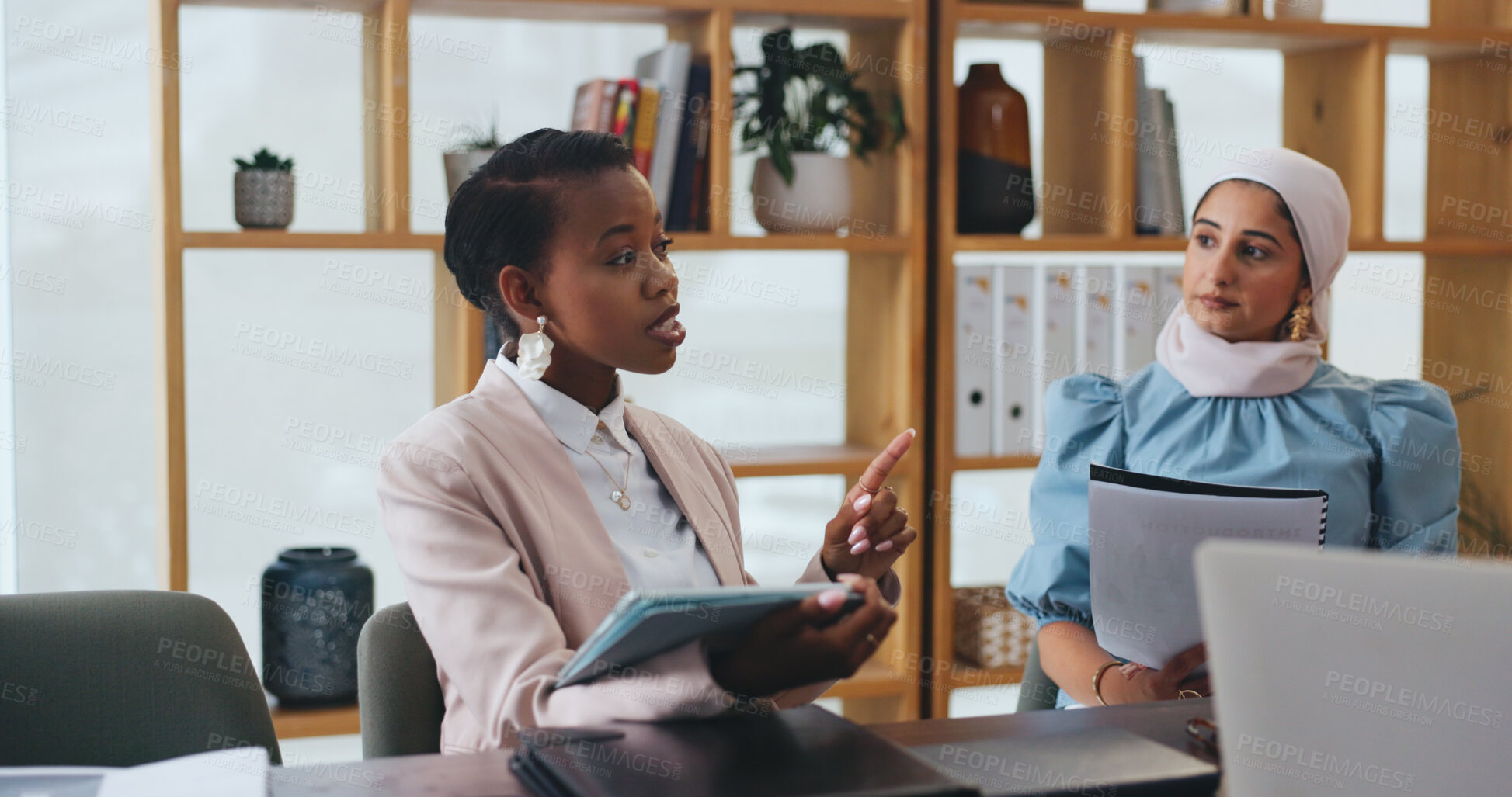Buy stock photo Tablet, meeting and business women in office with presentation, problem solving or funding ideas. Financial consultant, team or firm with tech for report, proposal or investment and budget pitch