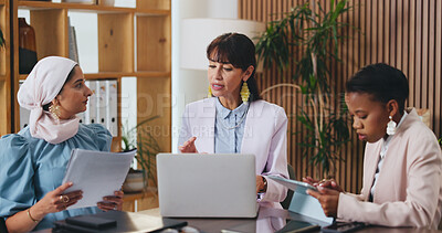 Buy stock photo Business, meeting and women with laptop, online or real estate investment with paperwork and talking. Realtor, diversity and team with documents for property development, info and project with tech
