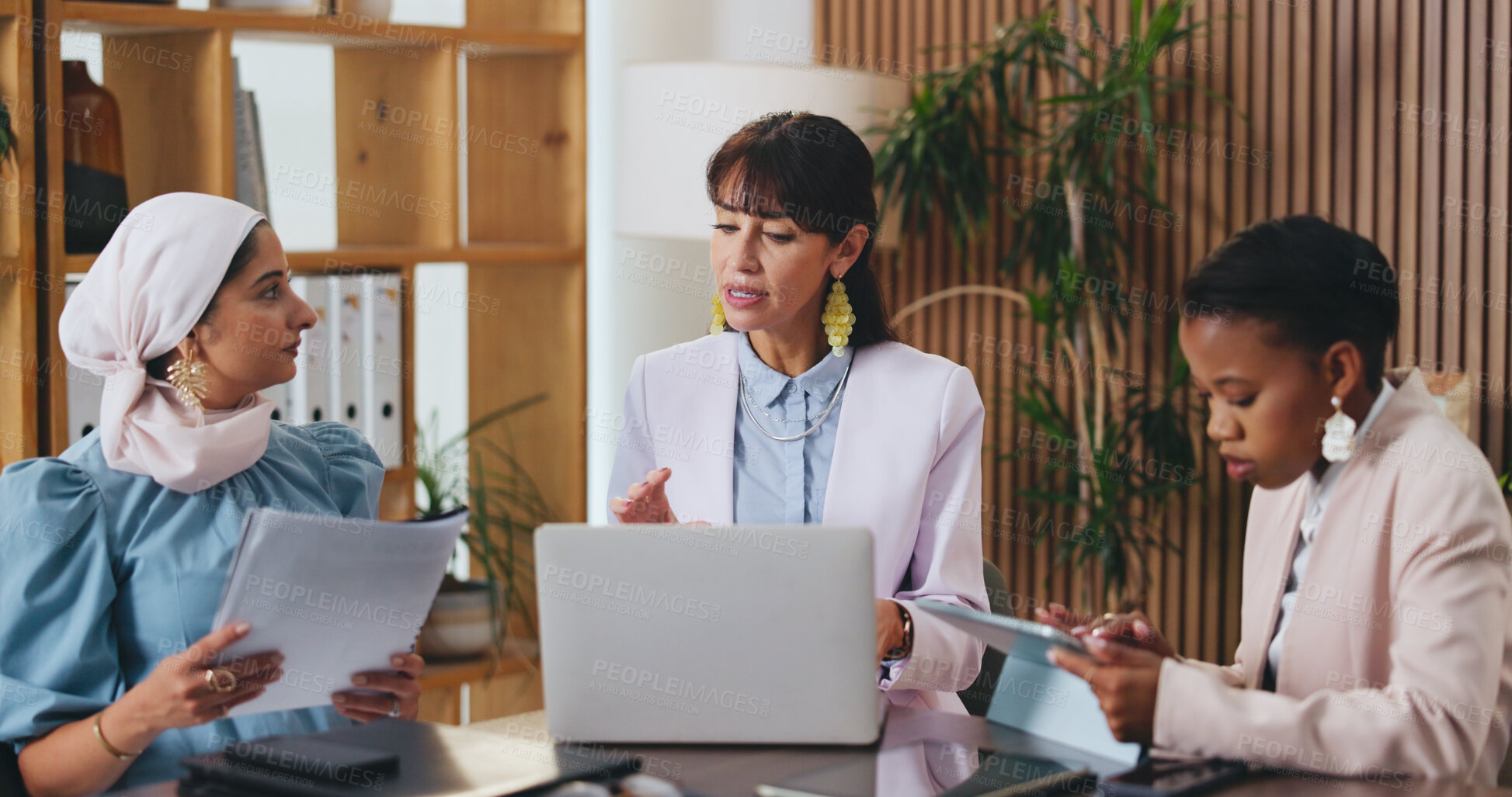 Buy stock photo Business, meeting and women with laptop, online or real estate investment with paperwork and talking. Realtor, diversity and team with documents for property development, info and project with tech