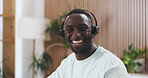 Black man, happy and headset at office in portrait for technical support, pride and advice at IT company, African person, developer and smile with confidence, voip tech and mic at agency in Nigeria