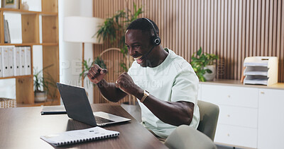 Buy stock photo Black man, laptop and celebration at office with headset for technical support, success and goals at it company, African person, developer and happy with fist pump, approval and project at agency
