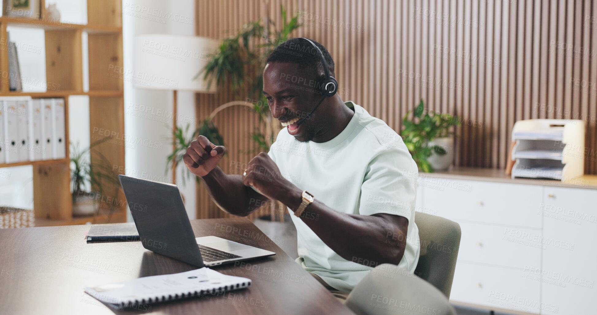 Buy stock photo Black man, laptop and celebration at office with headset for technical support, success and goals at it company, African person, developer and happy with fist pump, approval and project at agency