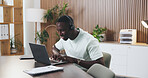 Happy, black man and consultant with headset on laptop for customer service or online advice. Male person, employee or agent with smile on computer for virtual assistance, support or help in office