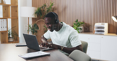 Buy stock photo Happy, black man and consultant with headset on laptop for customer service or online advice. Male person, employee or agent with smile on computer for virtual assistance, support or help in office