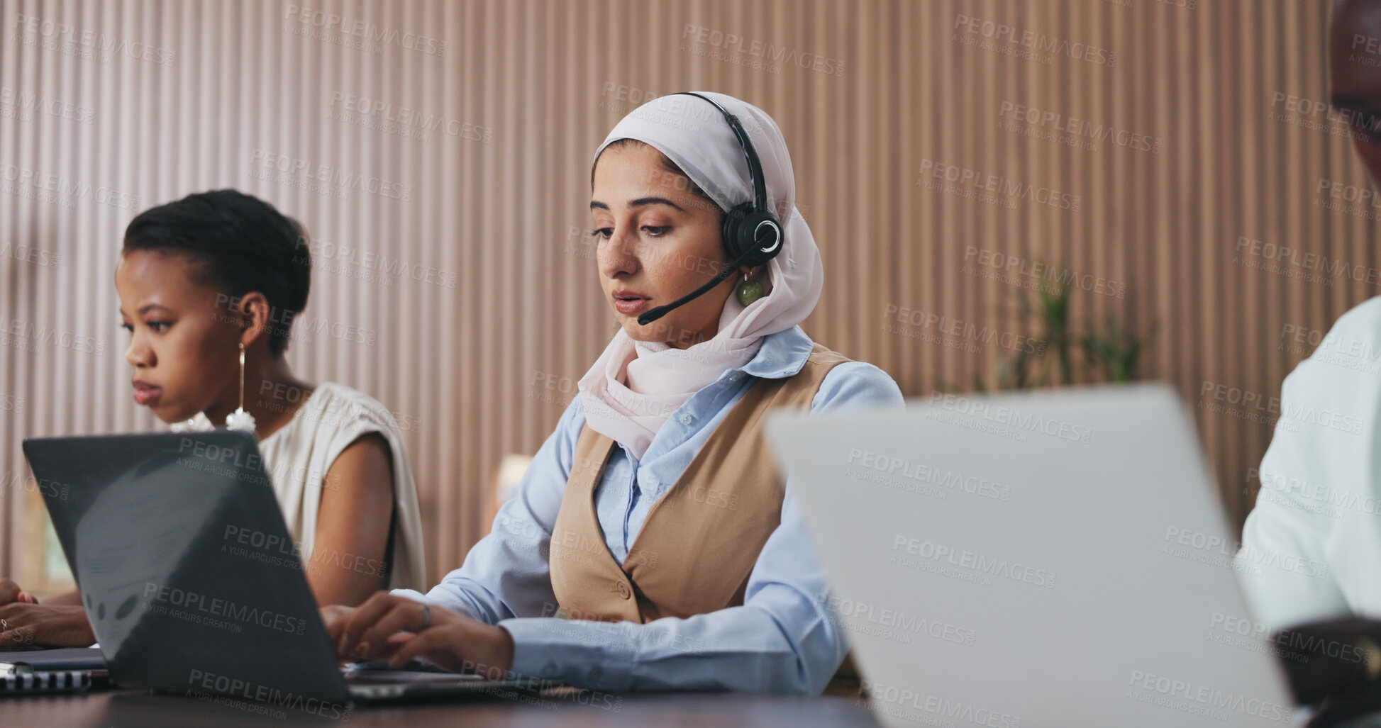 Buy stock photo Business people, laptop and consultant with headset for customer service or online advice. Employees, colleagues or agents with computer or mic for virtual assistance, support or help in call center
