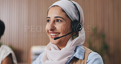 Buy stock photo Woman, smile and headset for legal advice at office with review, insight and solution at company. Person, consultant and happy with voip tech, contact us and problem solving at corporate law firm