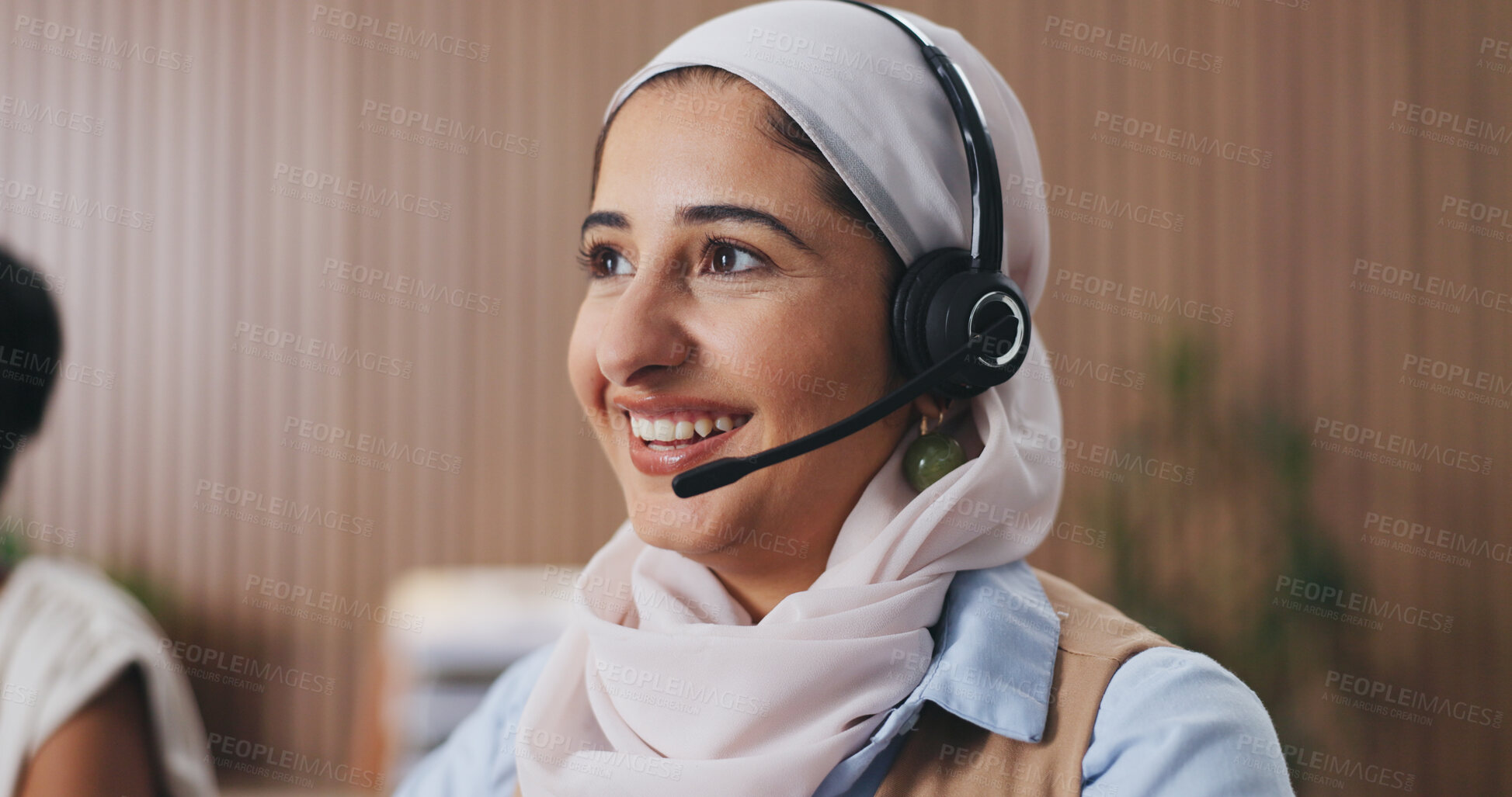 Buy stock photo Woman, smile and headset for legal advice at office with review, insight and solution at company. Person, consultant and happy with voip tech, contact us and problem solving at corporate law firm