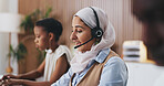 Happy woman, consultant and team with headset in call center for customer service or online advice. Female person, agent or smile with mic for virtual assistance, web support or CRM help in agency