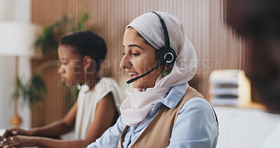 Buy stock photo Happy woman, consultant and team with headset in call center for customer service or online advice. Female person, agent or smile with mic for virtual assistance, web support or CRM help in agency