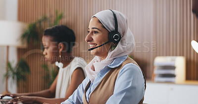 Buy stock photo Happy woman, agent and team with headset in call center for customer service or online advice. Female person, consultant or smile with mic for virtual assistance, web support or CRM help in agency