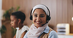 Happy woman, portrait or agent with headset in call center for customer service or online advice. Female person, consultant or smile with mic for virtual assistance, web support or CRM help in agency