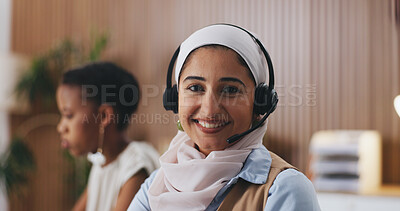 Buy stock photo Happy woman, portrait or agent with headset in call center for customer service or online advice. Female person, consultant or smile with mic for virtual assistance, web support or CRM help in agency